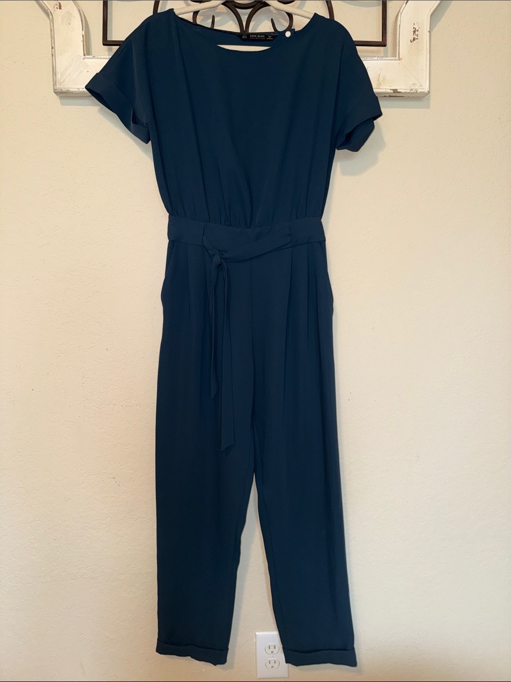 Zara Teal Short-Sleeve Tie-Waist Jumpsuit